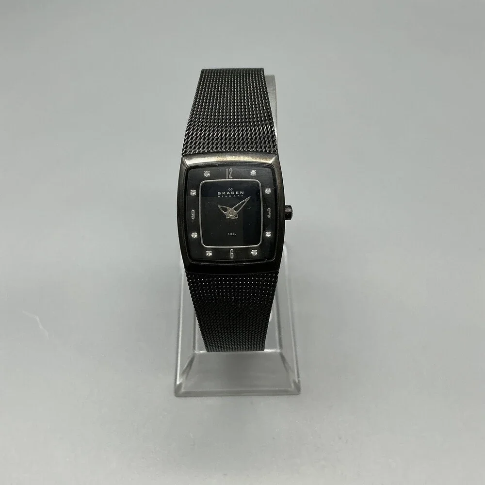 Skagen Womens Watch 21mm Black Dial Crystals Mesh Bracelet Steel New Battery